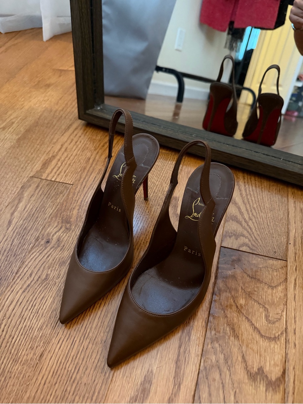 Christian Louboutin Brown Pointed Slingback Pumps with Red Soles